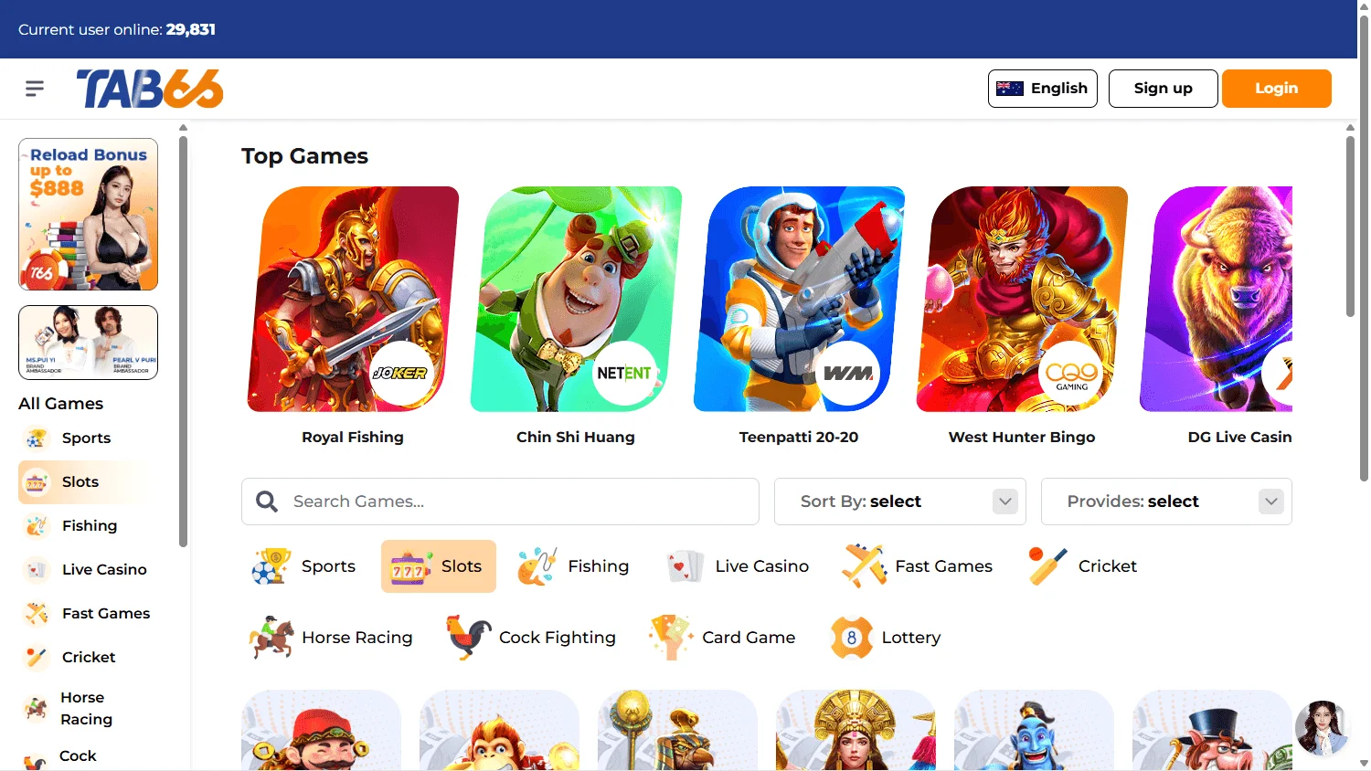 Tab66 Casino desktop games area with casino and live game choices