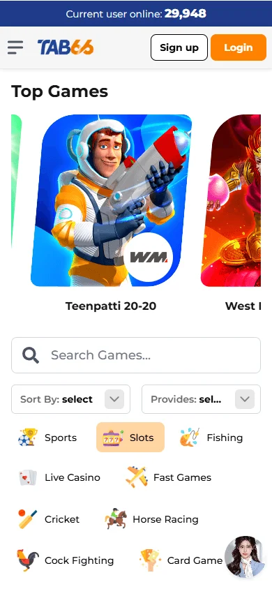 Tab66 Casino mobile games area with casino and live dealer options