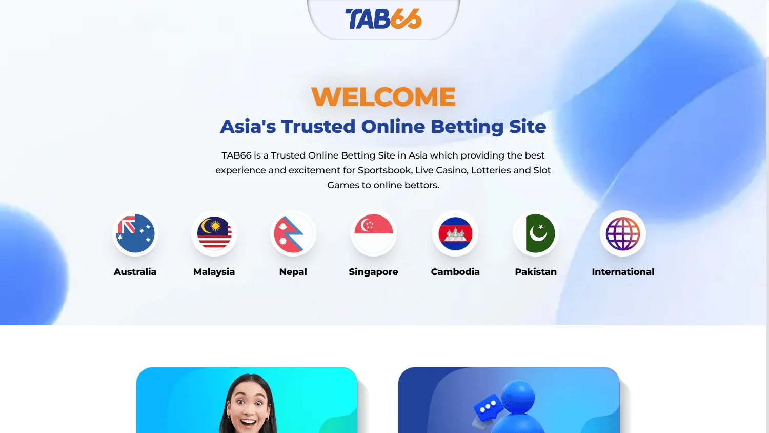 Tab66 Casino desktop homepage with casino and sportsbook access