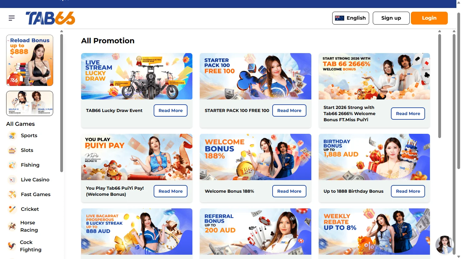 Tab66 Casino desktop promotions area with bonus and rewards offers